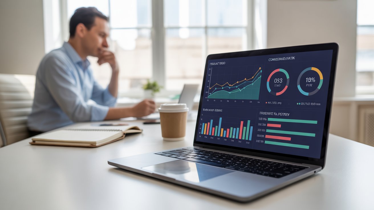 A marketer analyzing a digital dashboard displaying marketing analytics charts, including website traffic, conversion rates, and ROI metrics on a laptop in a clean, professional workspace.