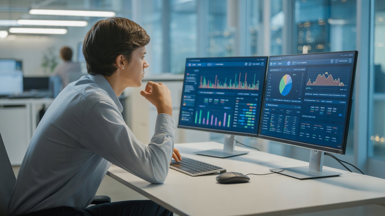 Junior Data Analyst working on data visualization dashboards using Power BI, Tableau, and Looker in a modern office setting.