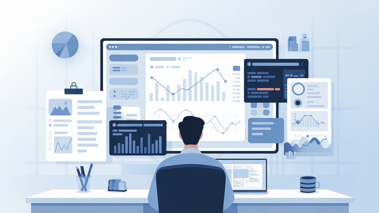 Data analyst interview preparation showing analytics dashboards, SQL queries, and business charts on a laptop screen